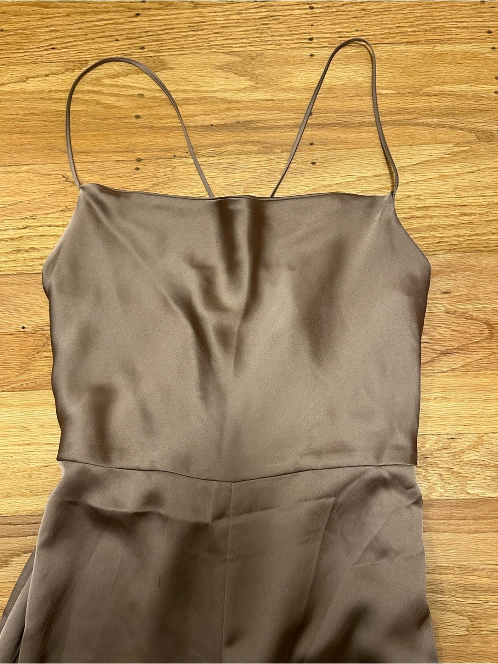 Abercrombie & Fitch Tan Gold Satin Spaghetti-Strap Wide-Leg Jumpsuit - Picture 3 of 5